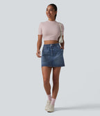 Jupe décontractée taille haute en denim imprimé, molleton français, avec poches