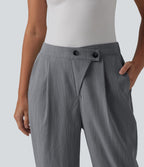 Pantalon tailleur aspect lin fuselé taille haute asymétrique avec poches