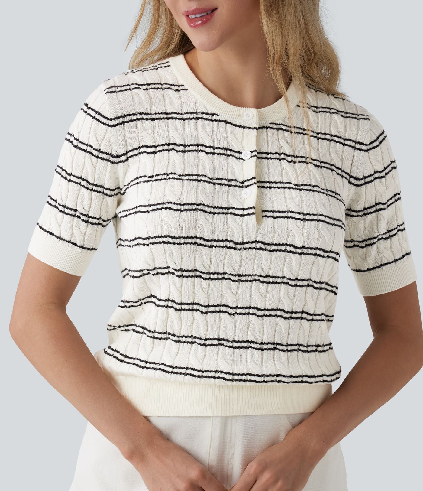Pull de travail col Henley manches courtes rayé