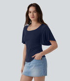 T-shirt décontracté maille côtelée col carré manches papillon froncé