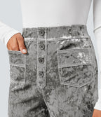 Pantalon Casual en Velours Taille Haute avec Bouton Multipoches Droites