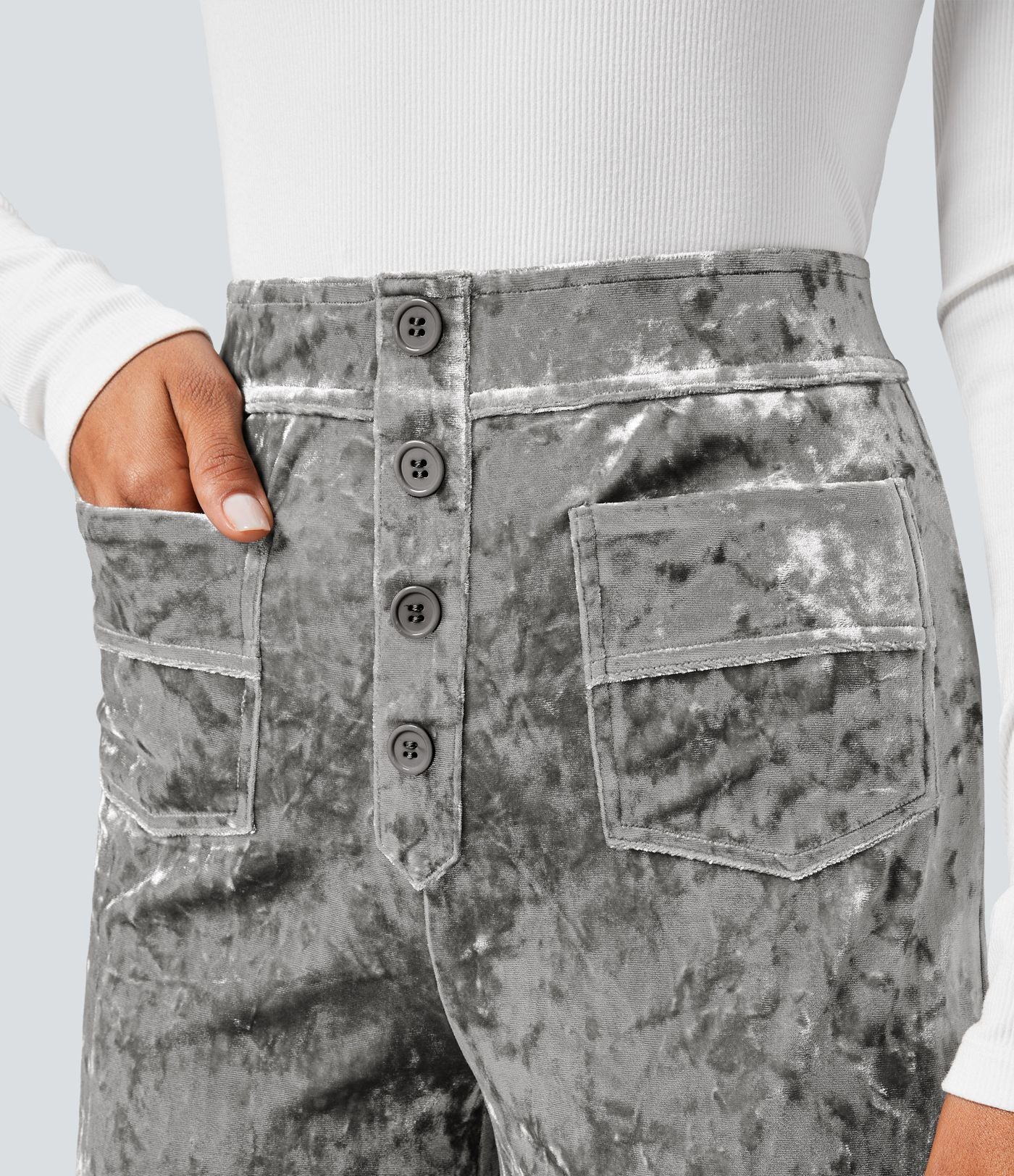 Pantalon en Velours Taille Haute avec Bouton Multipoches Droites