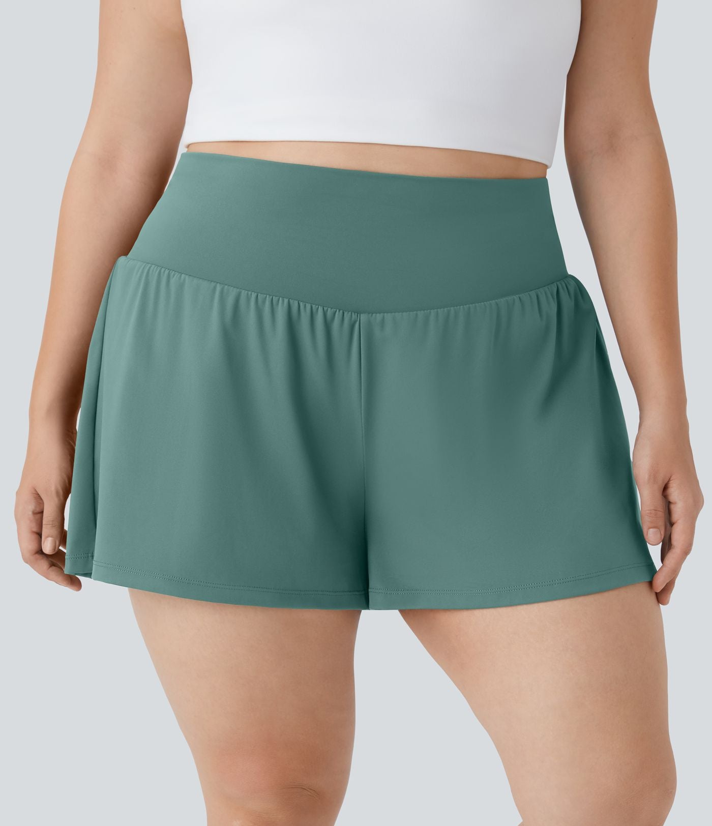 Short Yoga 10cm Plus Longue Taille Ultra Haute 2 en 1 Poche Arrière Poche Cachée Latérale Grande Taille