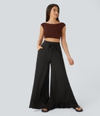 Pantalon Casual à Taille Haute avec Cordon De Serrage Poches Latérales et Volants Jambes Amples