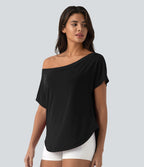 Top de sport yoga asymétrique à épaule dénudée manches courtes ourlet arrondi et coupe asymétrique à séchage rapide – Soutien-gorge intégré