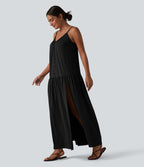 Robe nuisette maxi fluide col V ourlet fendu style vacances