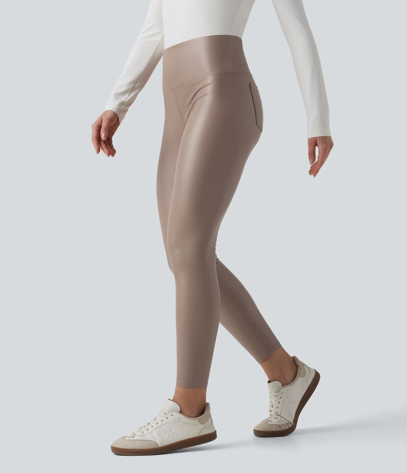 Pantalon 7/8 moulant décontracté polaire gainant taille haute extensible effet cuir avec poches