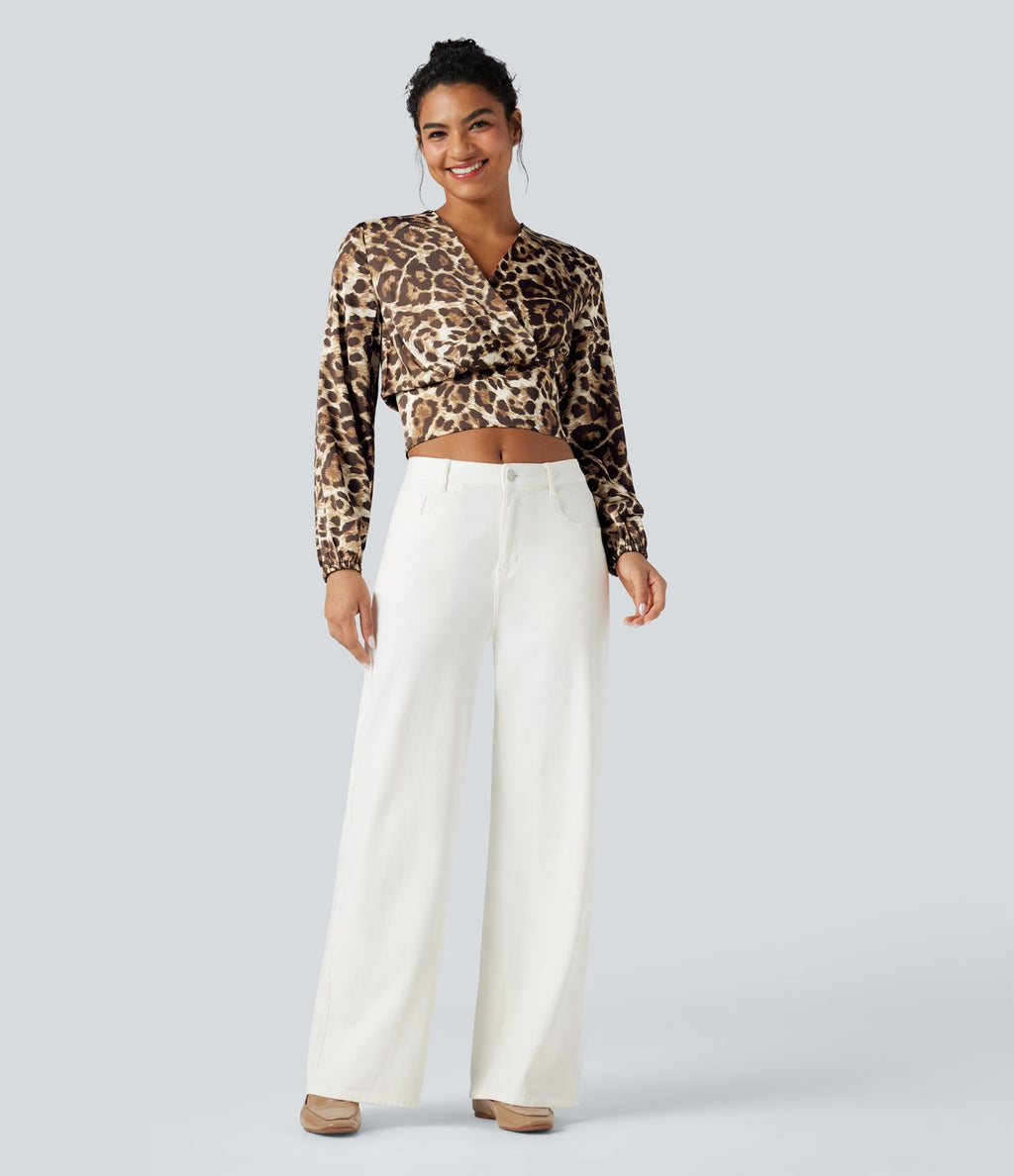 Blouse courte col V manches longues imprimé léopard