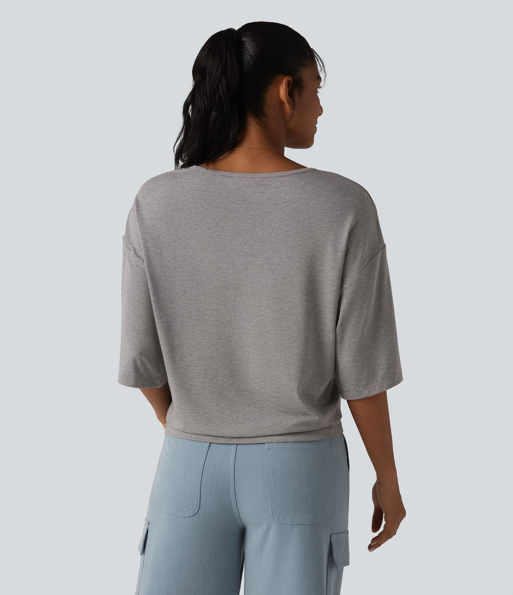 Haut décontracté col rond échancré manches mi-longues color block