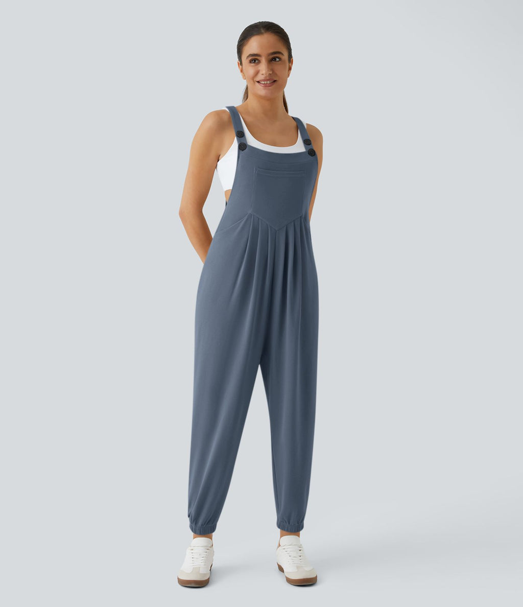 Salopette Casual Bretelles Ajustables Boutonnés Multiples Poches Plis et Tissu Gaufré
