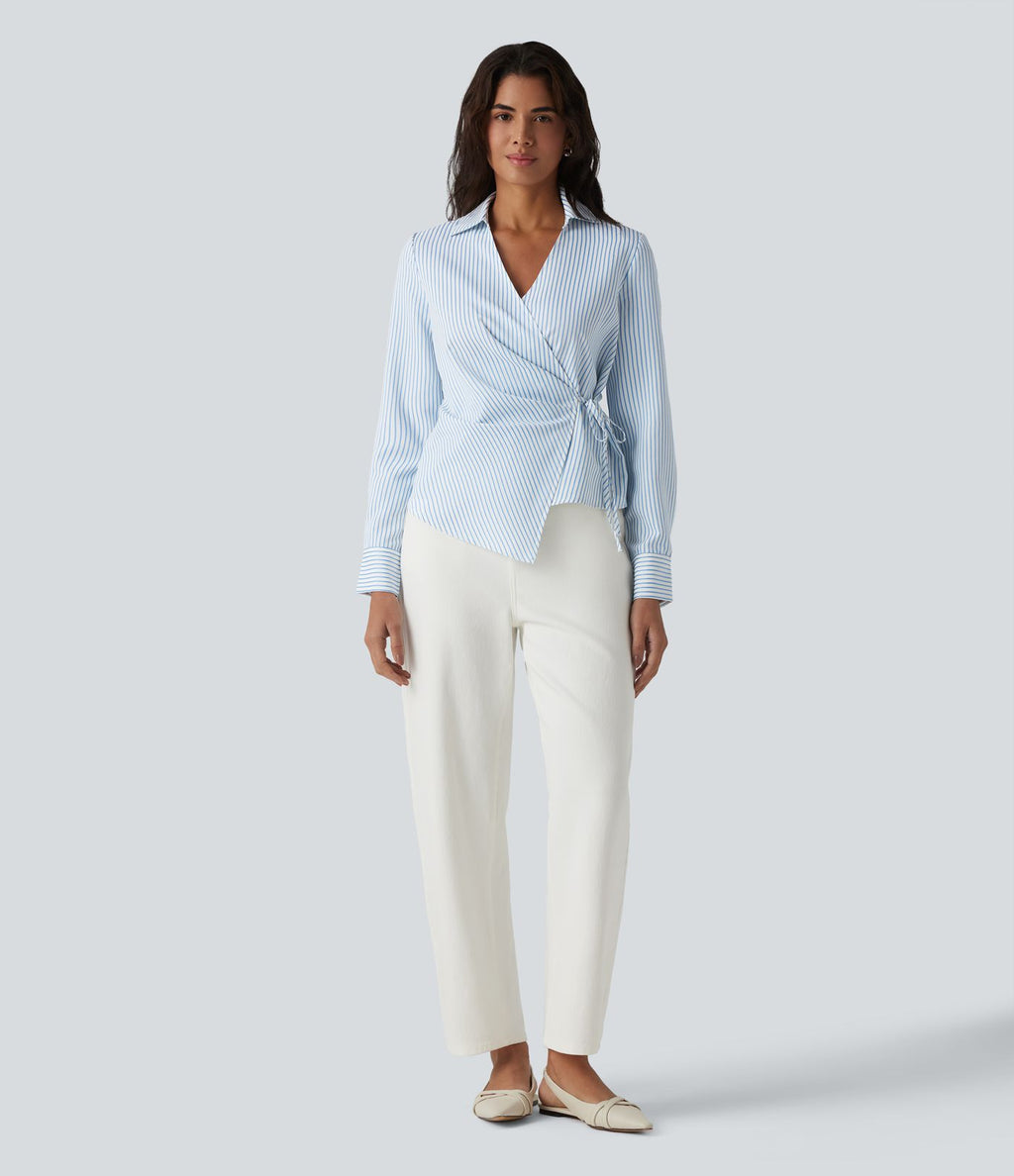 Chemise tailleur portefeuille manches longues à rayures et nœuds latéraux