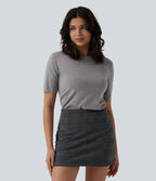 Pull tailleur ajusté col rond manches courtes mélange soie-laine