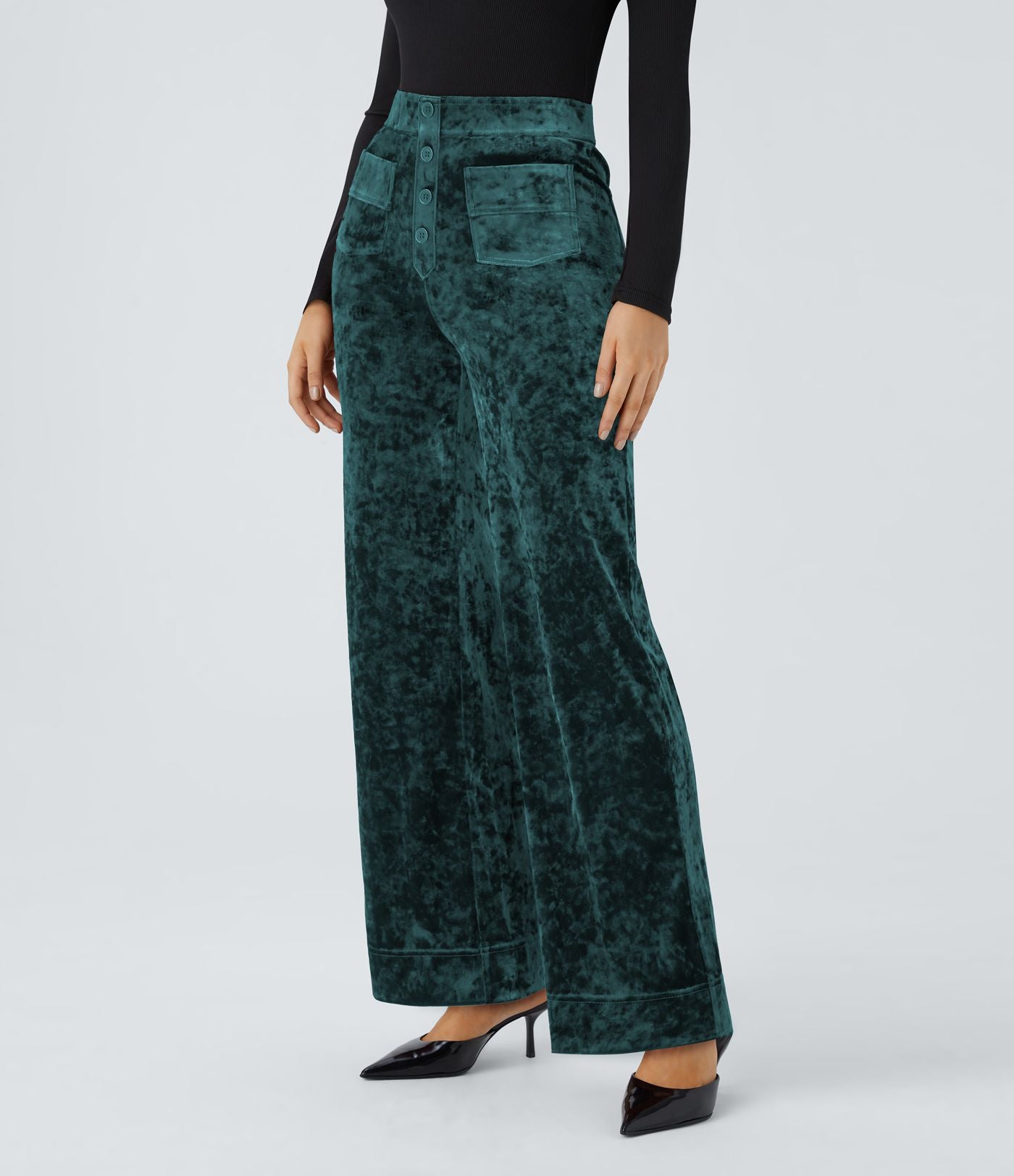 Pantalon Casual en Velours Taille Haute avec Bouton Multipoches Droites