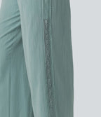Pantalon large fluide casual 2 en 1 taille mi-haute avec cordon de serrage, dentelle contrastante, poches et aspect lin