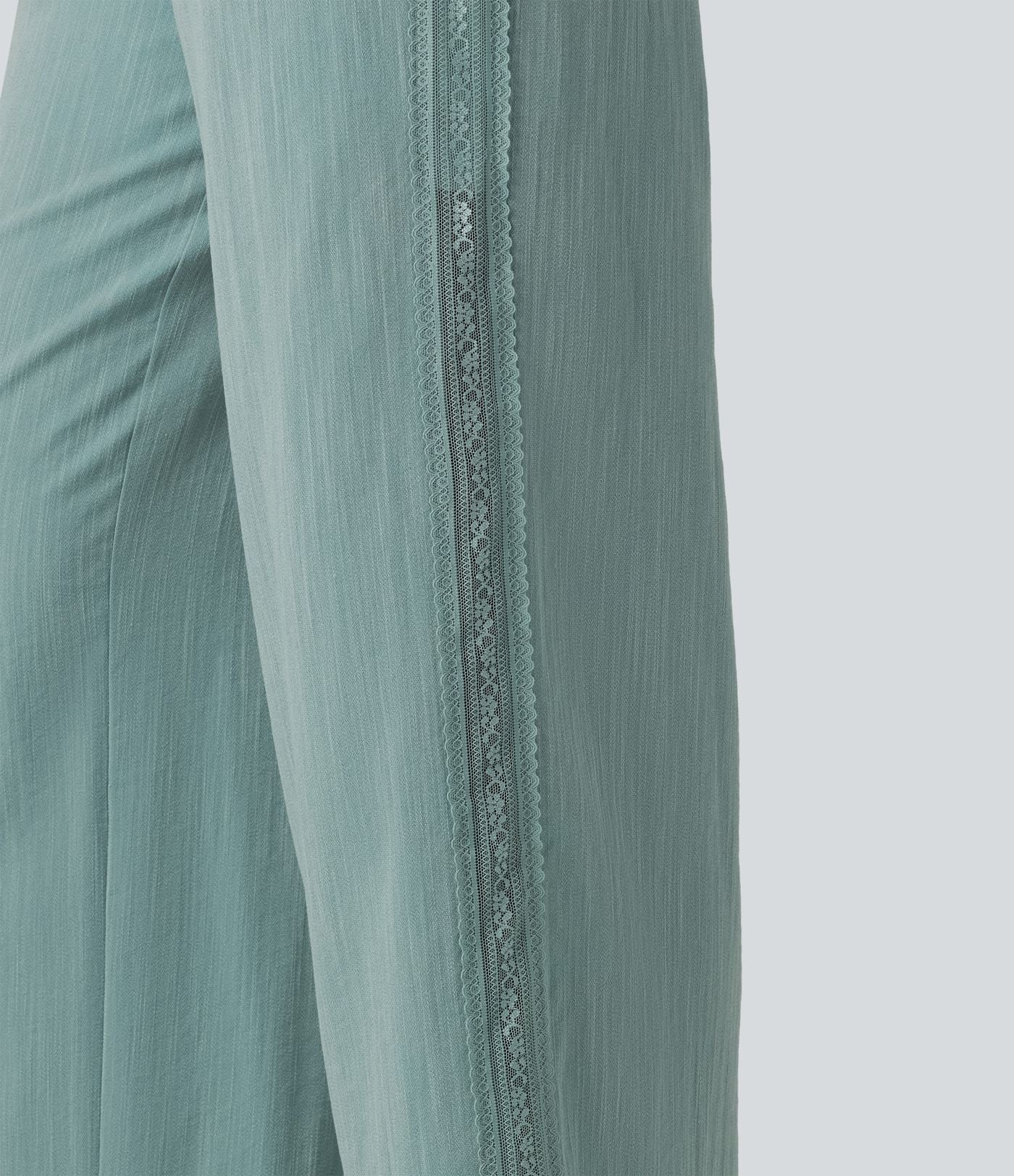 Pantalon large fluide casual 2 en 1 taille mi-haute avec cordon de serrage, dentelle contrastante, poches et aspect lin