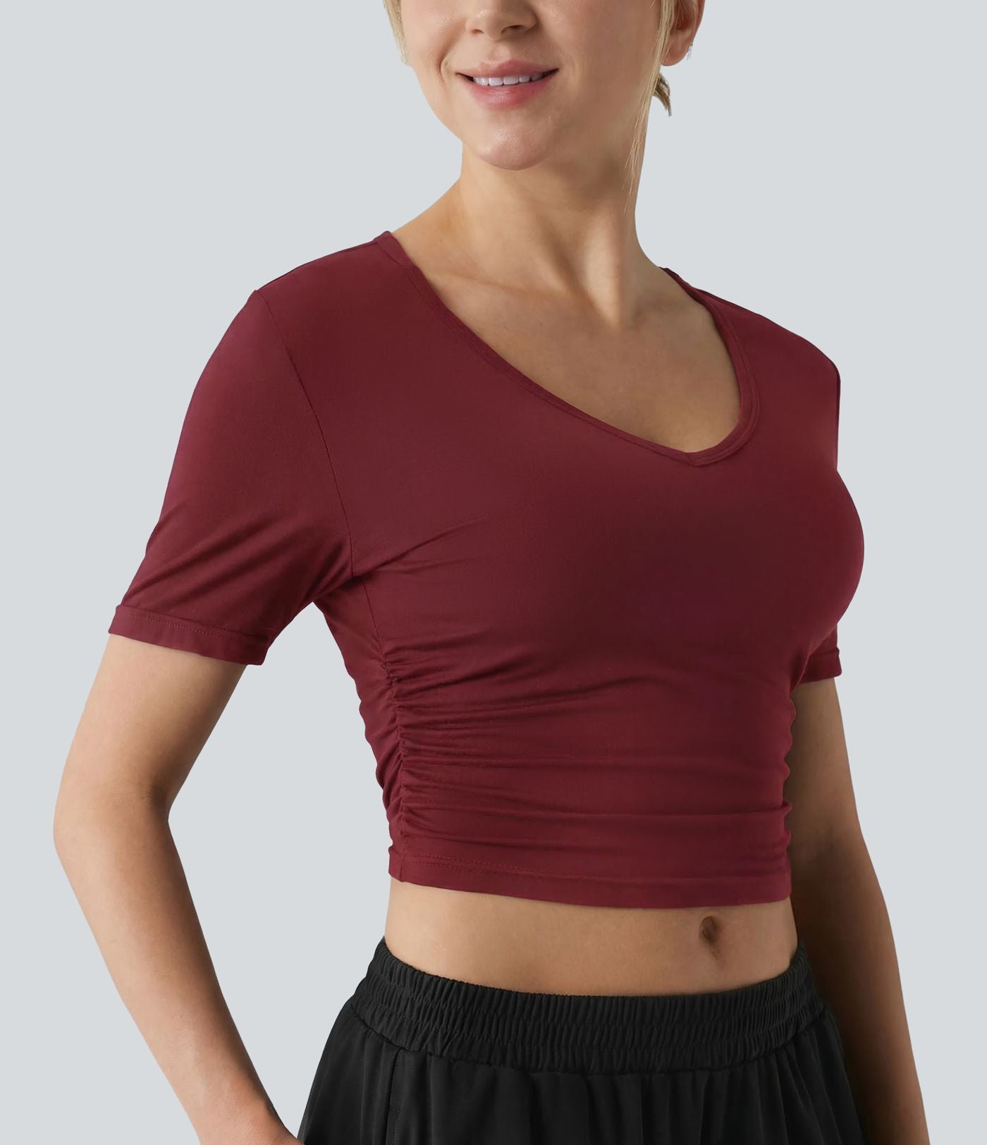 T-shirt décontracté col V manches courtes coupe courte