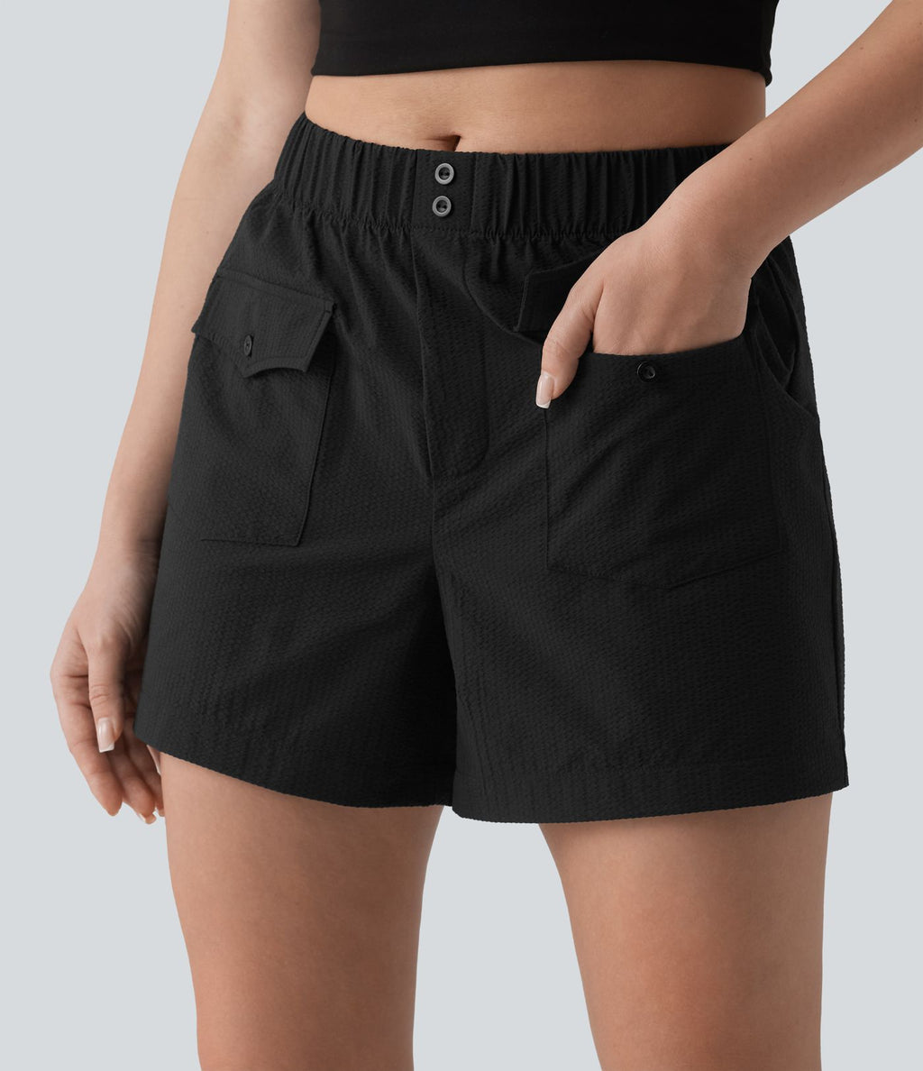 Short casual ample séchage rapide taille mi-haute aspect froissé avec poches à rabat