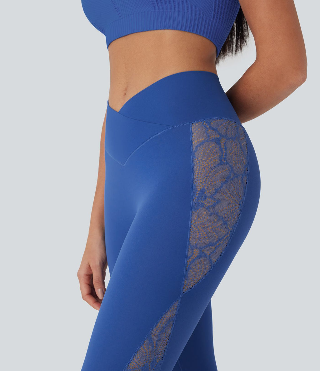 Softlyzero™ Legging Yoga 7/8 Taille Haute avec Poche au Dos Découpe Croisée et Dentelle Contrastante