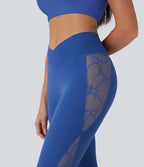 Softlyzero™ Legging Yoga 7/8 Taille Haute avec Poche au Dos Découpe Croisée et Dentelle Contrastante