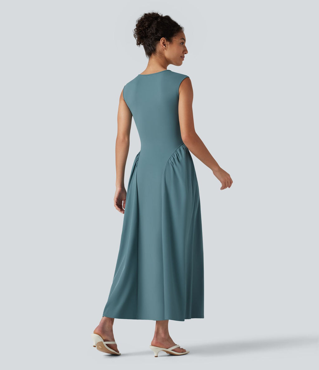 Robe longue casual fluide col U sans manches avec poches