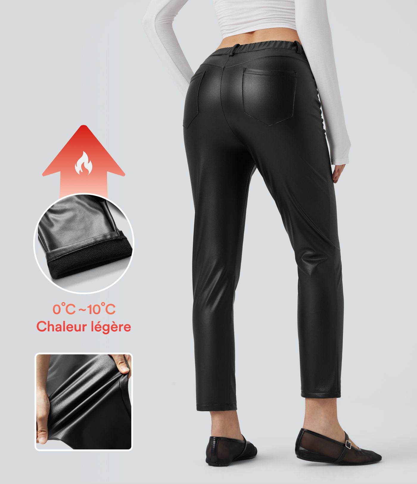 Pantalon simili cuir décontracté fuselé 7/8 taille mi-haute polaire extensible avec poches