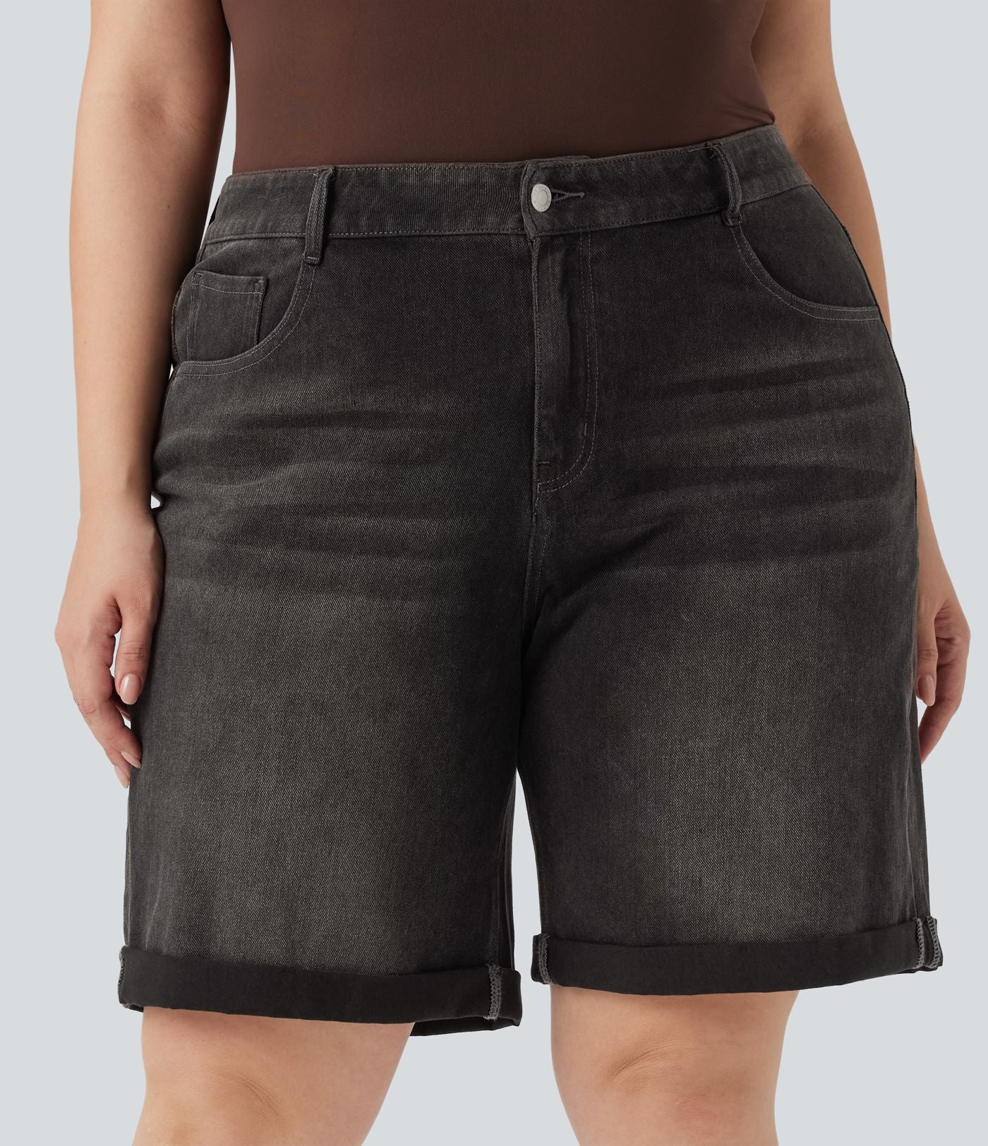Short bermuda casual denim grande taille Halara Flex™ tricot extensible délavé taille haute multiples poches ourlet roulotté
