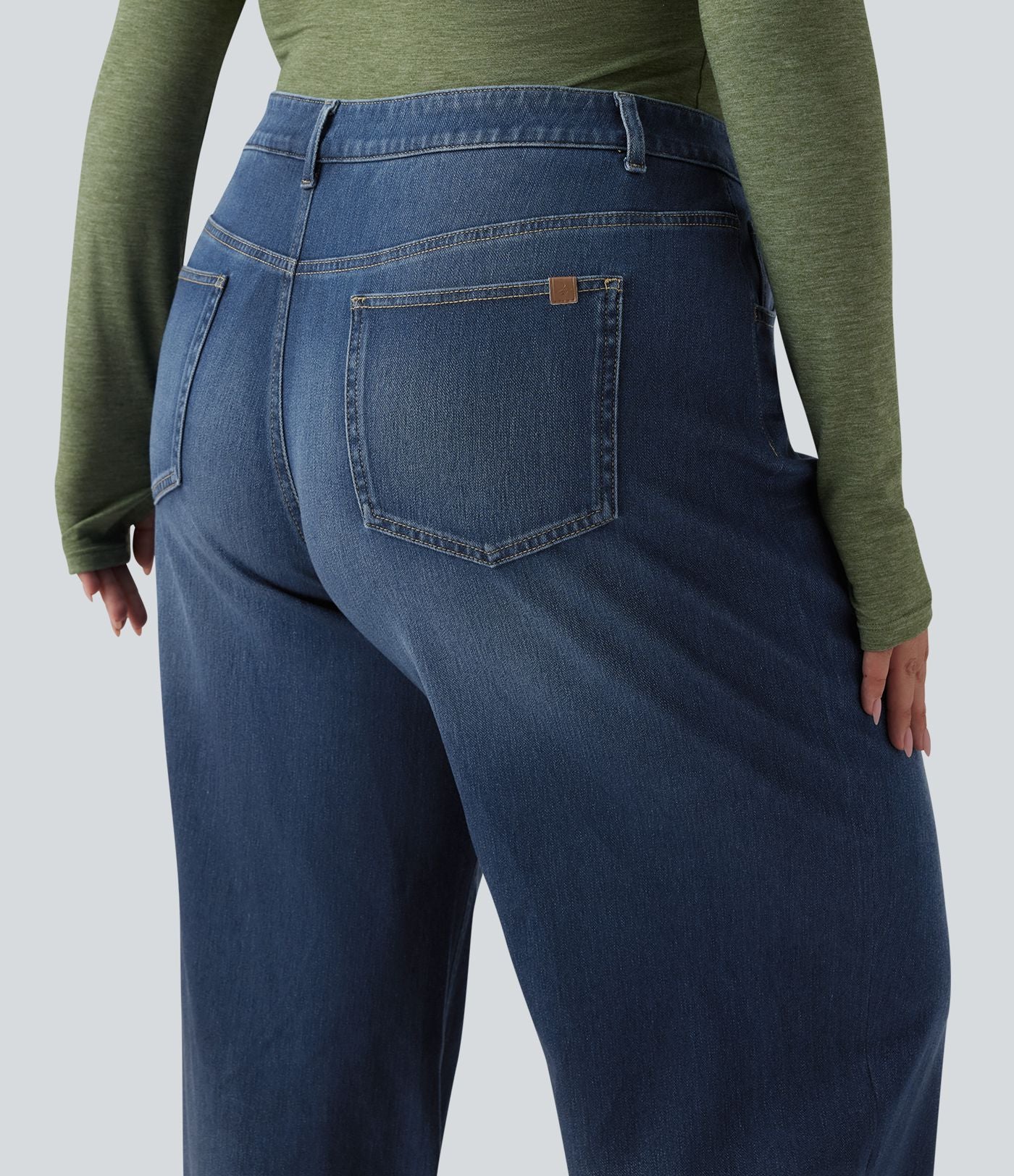Jean casual grande taille Halara Flex™ tricot extensible délavé taille haute jambe large ourlet roulotté avec poches