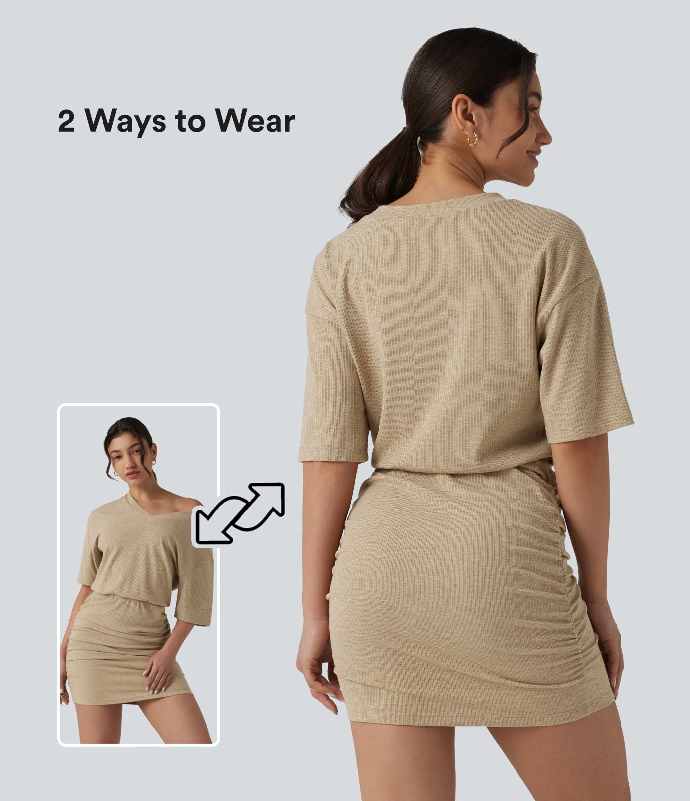 Robe mini moulante décontractée en maille côtelée, col V, manches courtes, froncée