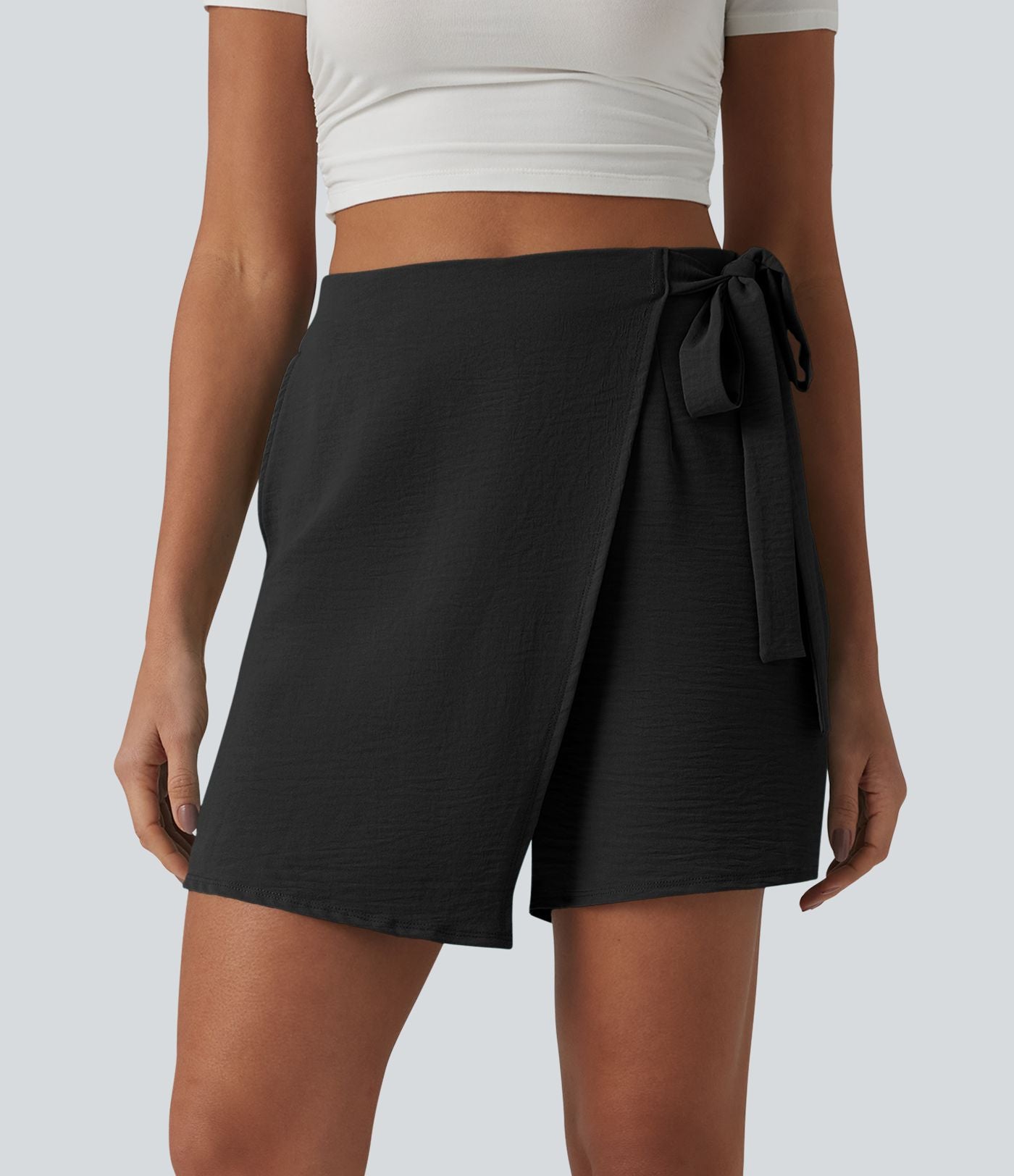 Jupe-short casual taille haute aspect lin avec lien noué sur le côté
