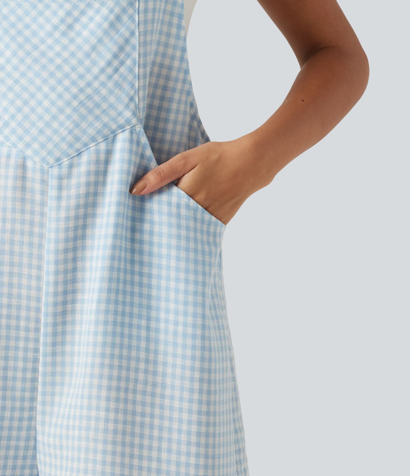 Salopette-short casual effet lin à carreaux avec poches