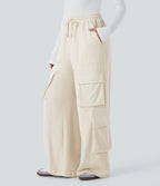 Pantalon cargo décontracté large à cordon côtelé, taille mi-haute, avec poches