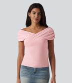 T-shirt casual en maille côtelée à manches courtes avec soutien-gorge intégré