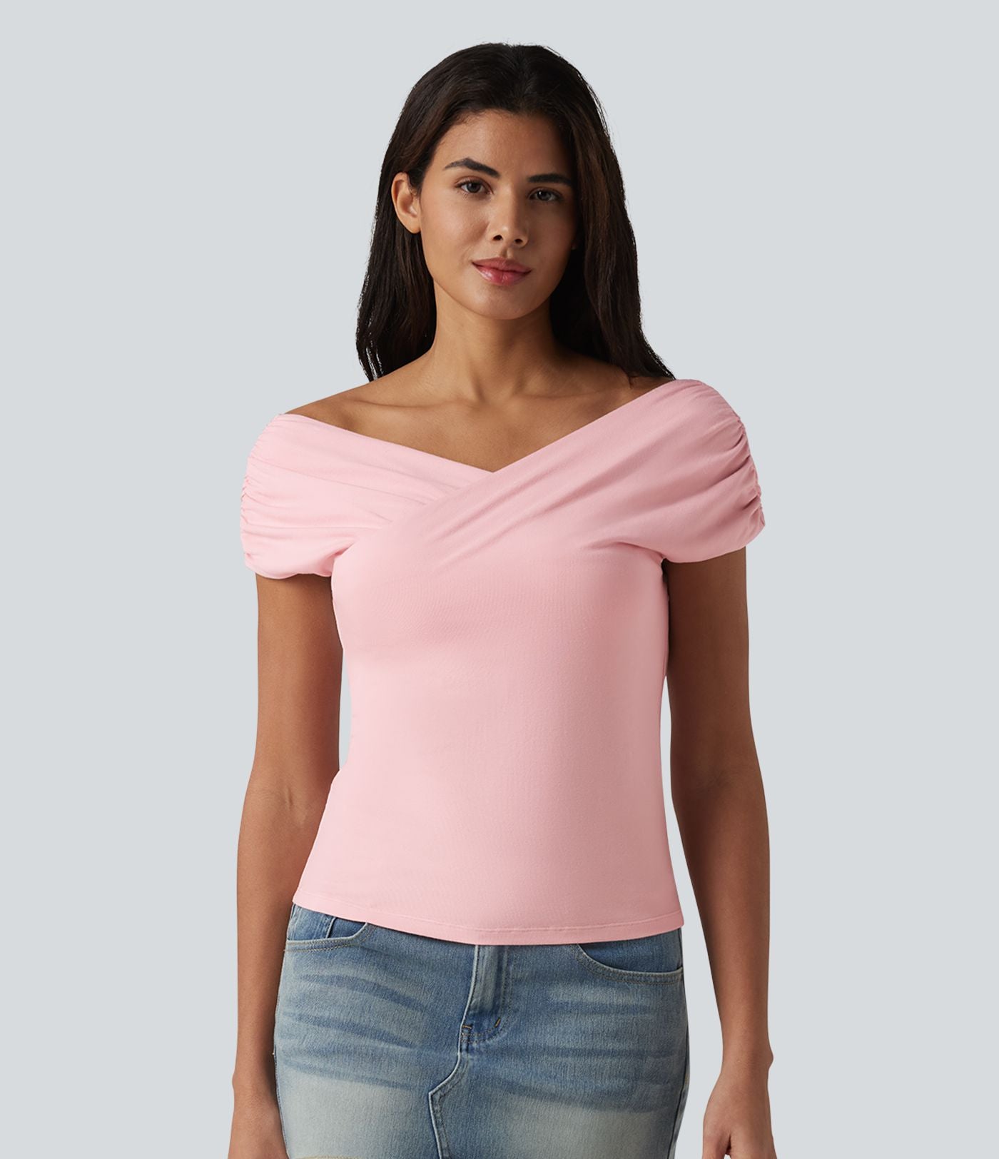T-shirt casual en maille côtelée à manches courtes avec soutien-gorge intégré