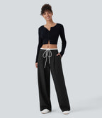 Pantalon décontracté jambe large bicolore double épaisseur, taille basse avec poches latérales