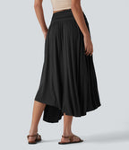 Jupe midi fluide casual gainante côtelée taille haute à nœuds latéraux et ourlet asymétrique avec poches