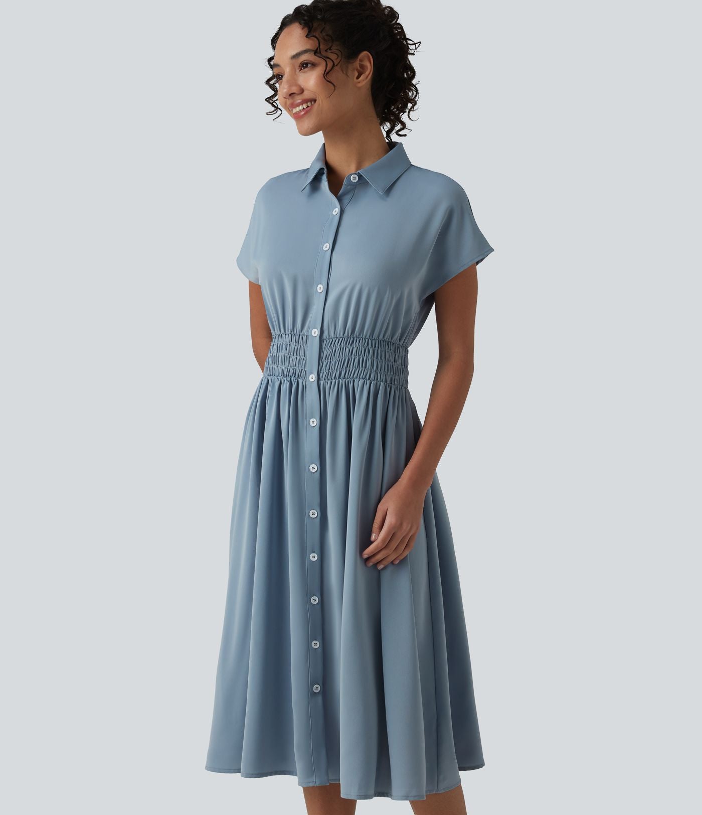Robe-chemise midi défroissage facile avec manches courtes
