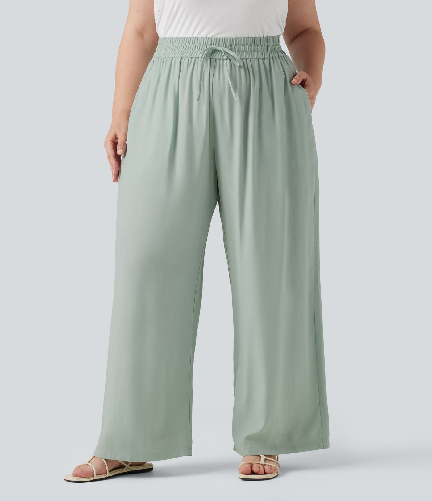 Pantalon large grande taille taille haute avec cordon de serrage et poches