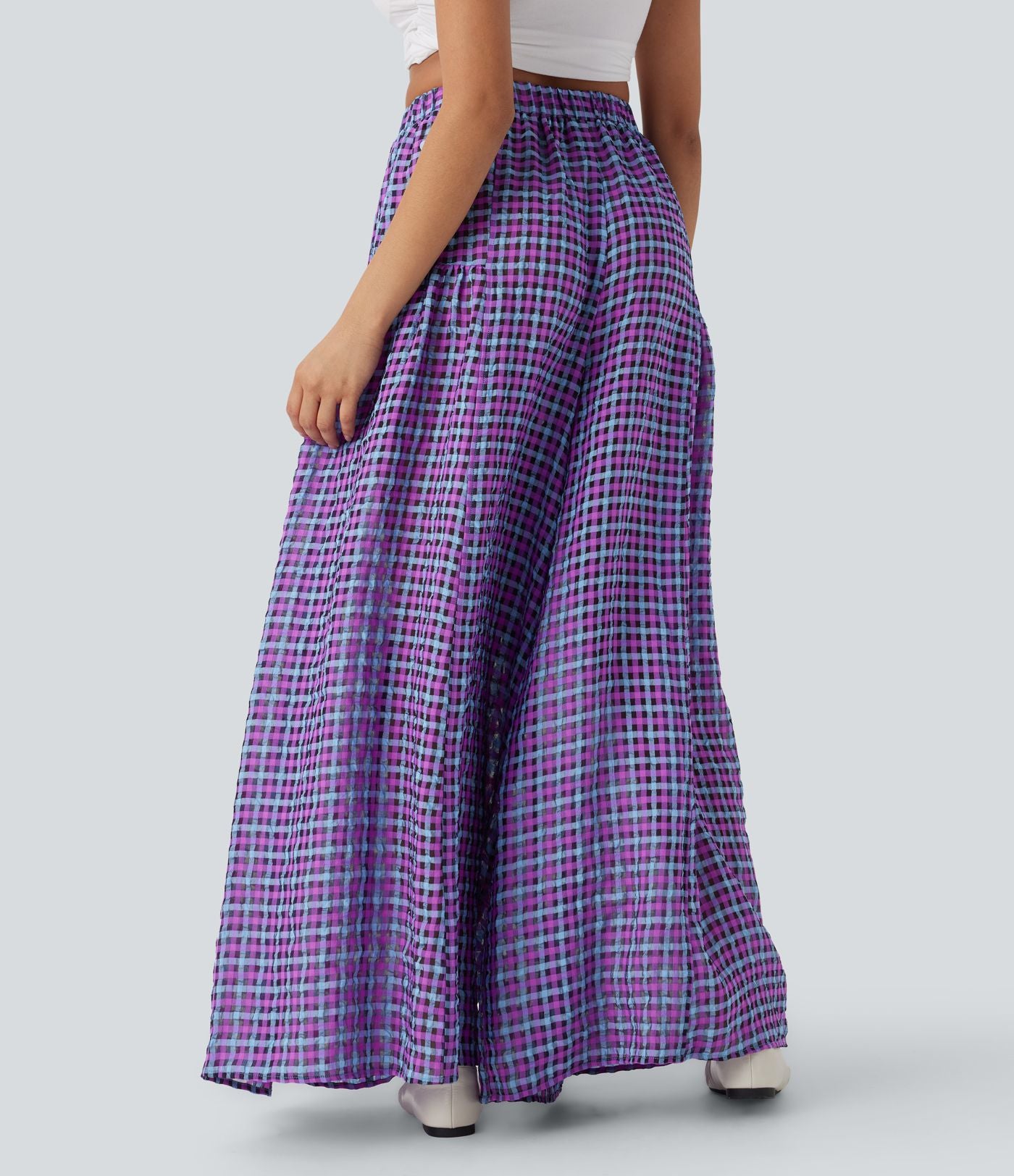 Pantalon décontracté à carreaux taille haute coupe ample avec poches latérales