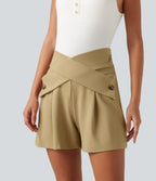 Short habillé taille très haute croisée avec poches, 10 cm