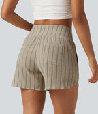 Short casual taille haute ourlet arrondi rayures avec poches