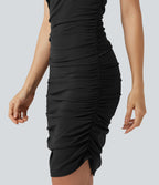 Robe moulante SoftlyZero™ Airy à col rond, sans manches, détails froncés, coussinets amovibles et short gainant amovible