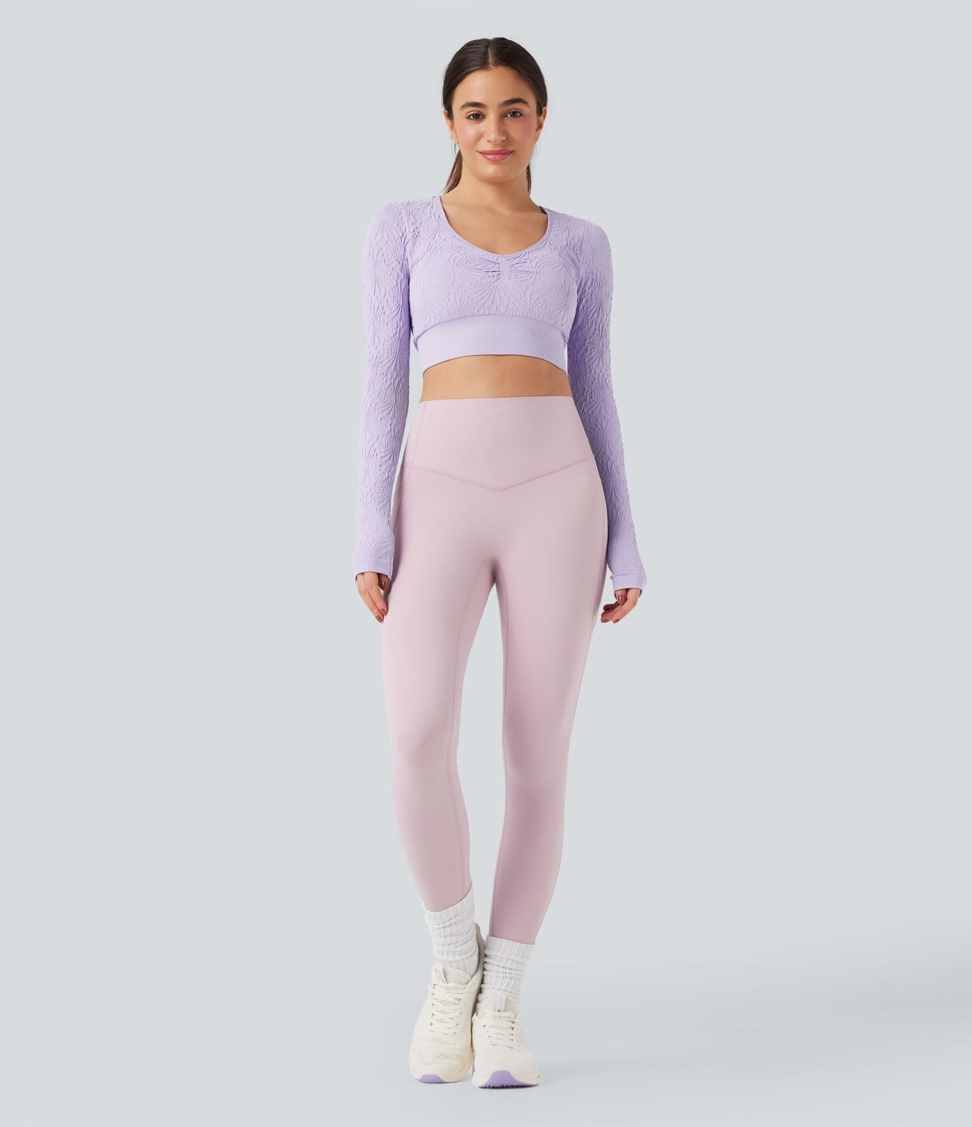 Haut de sport yoga court ajusté jacquard à manches longues sans couture OneForm Seamless Flow