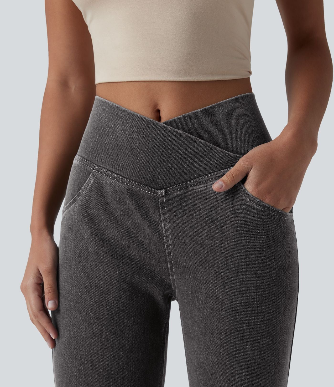 Halara Flex™ - Jean Ultra Evasé Tricot Extensible Lavé Poches Croisées Taille Haute