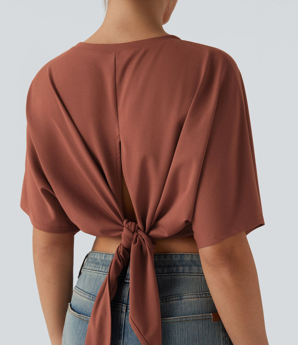 Haut casual crop col rond manches courtes fentes liens dos