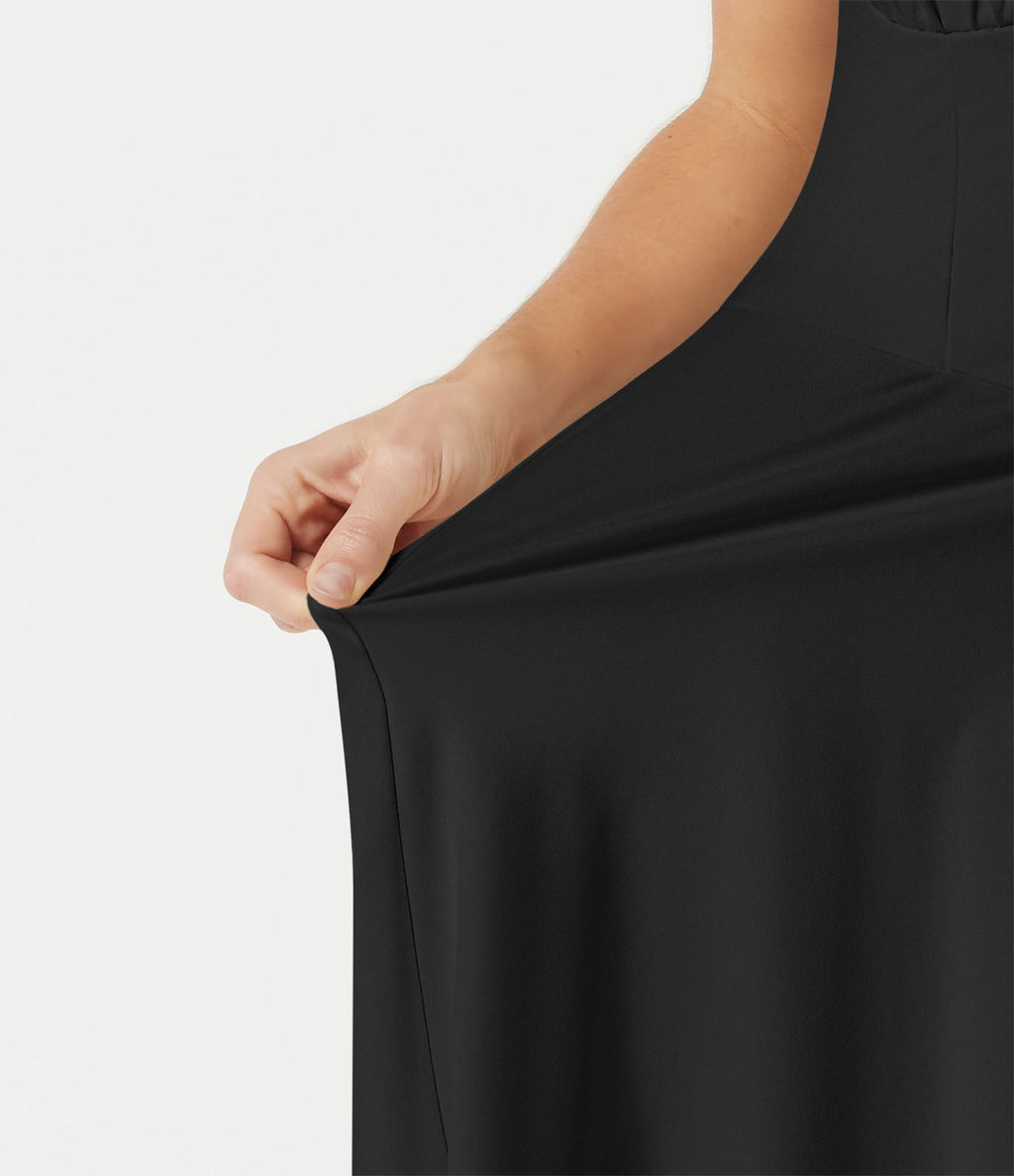 Robe mini fluide de vacances dos nu col carré sans manches froncée à bretelles croisées et brassière intégrée