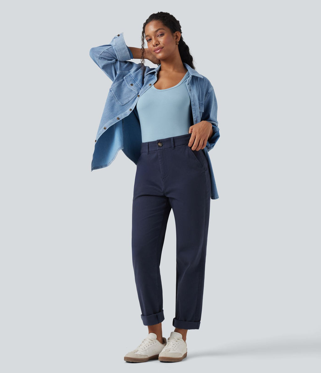 Pantalon coton fuselé taille mi-haute avec poches