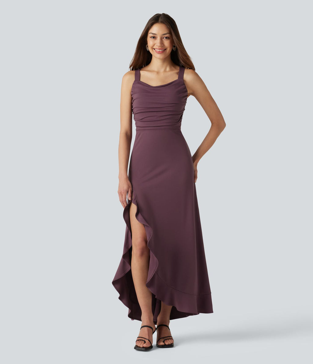 Robe mi-longue fluide de soirée dos nu croisé avec fente, ourlet à volants et soutien-gorge intégré