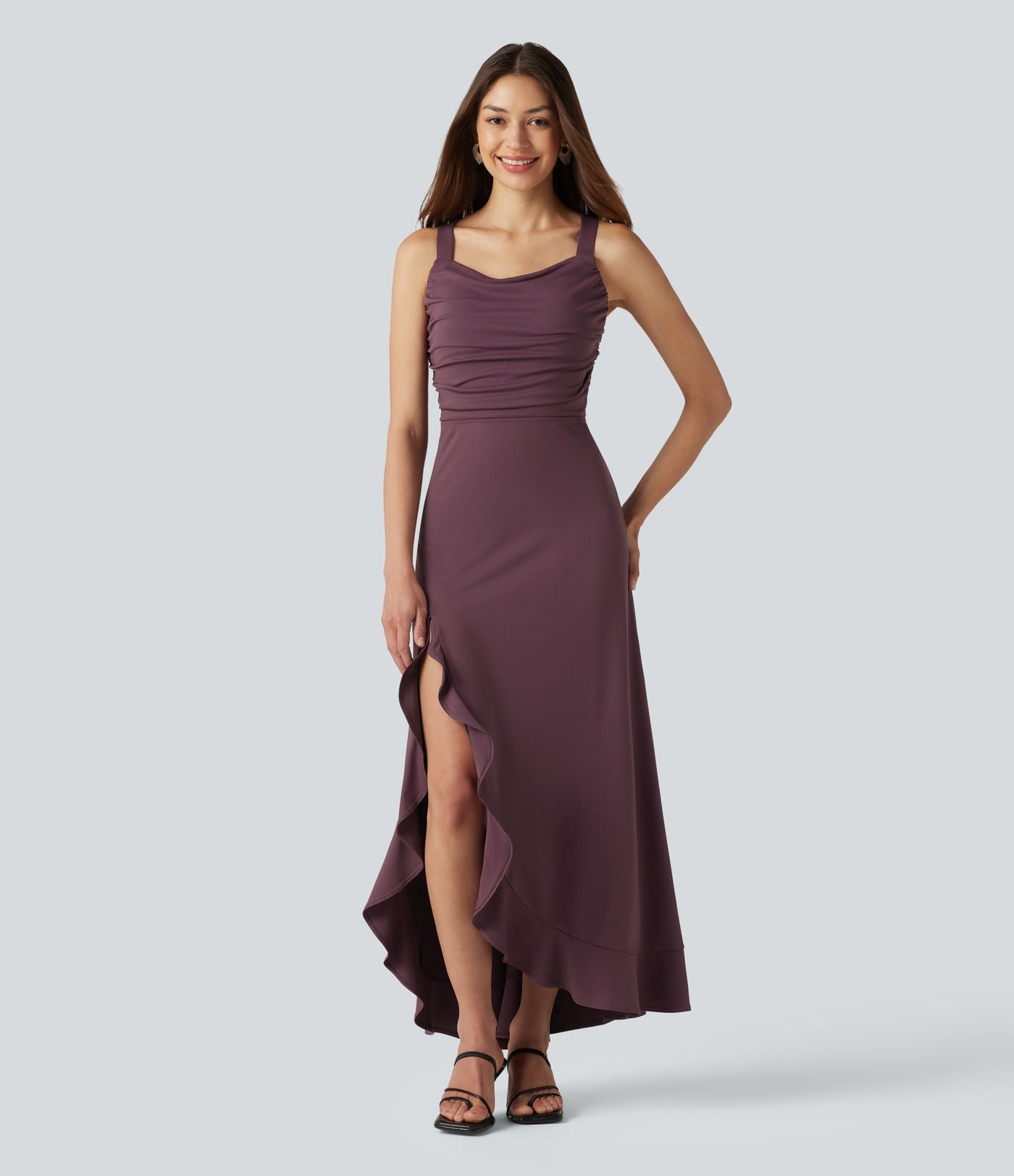 Robe mi-longue fluide de soirée dos nu croisé avec fente, ourlet à volants et soutien-gorge intégré