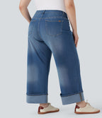 Jean casual grande taille Halara Flex™ tricot extensible délavé taille haute jambe large ourlet roulotté avec poches