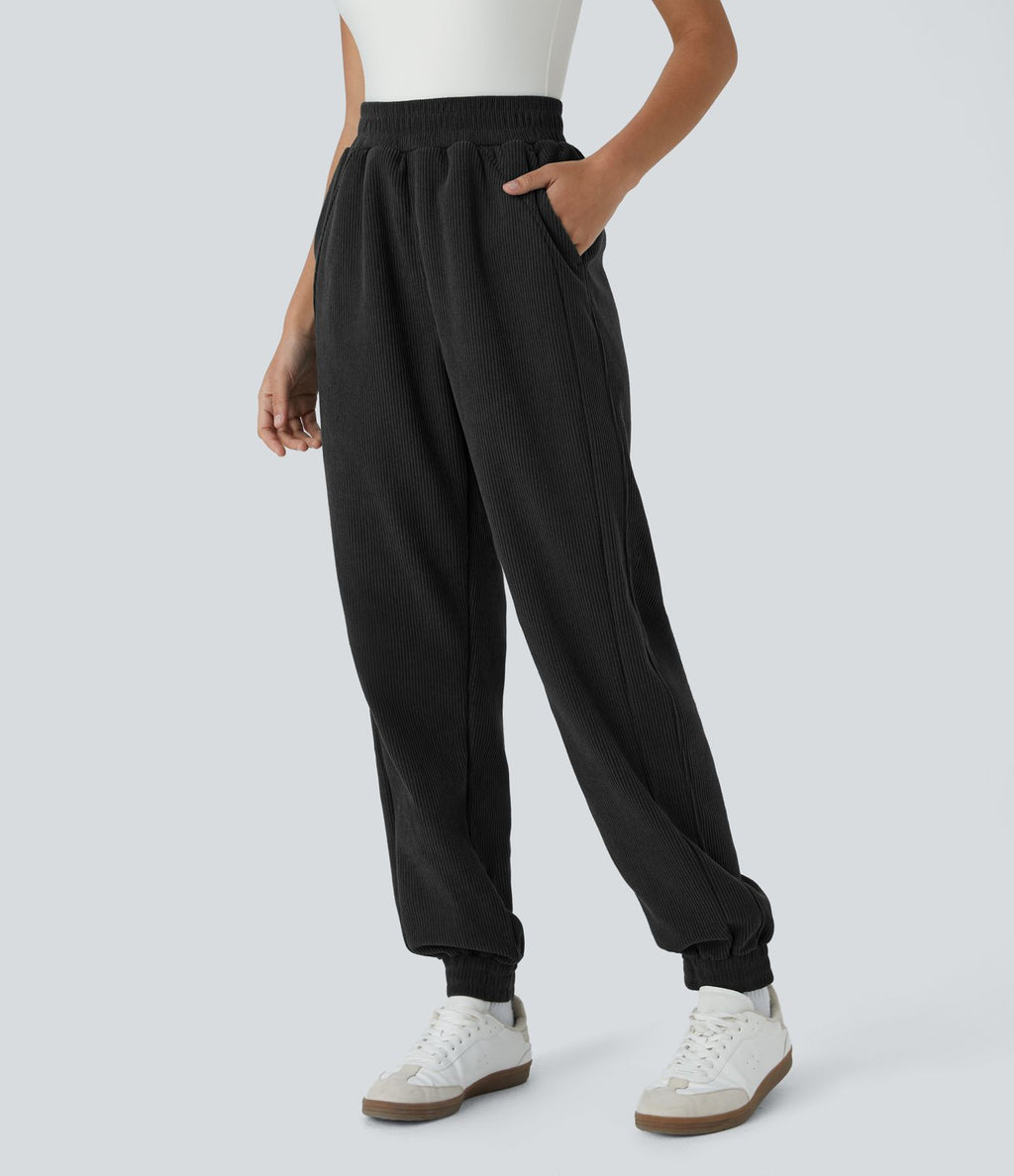 Pantalon de jogging décontracté en velours côtelé à taille haute avec poches latérales